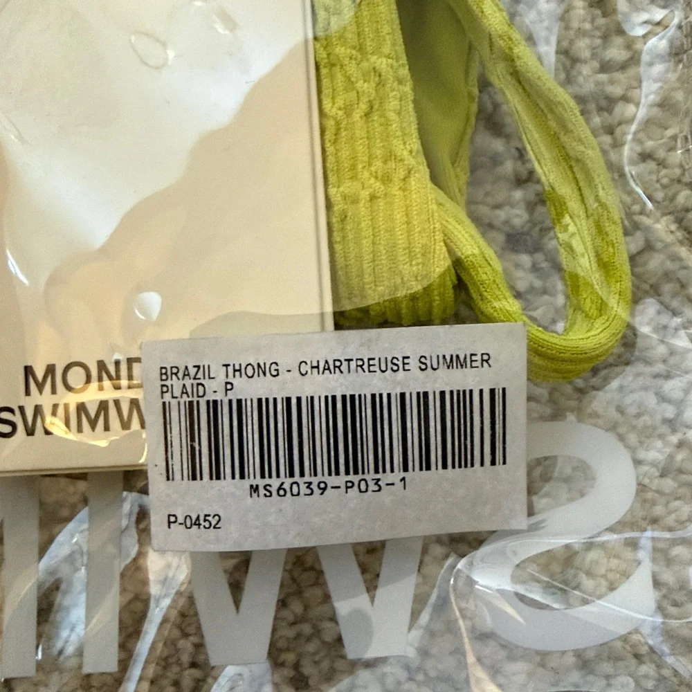 NEW Monday Swimwear BRAZIL THONG BOTTOM - CHARTREUSE SUMMER PLAID Bikini P XS